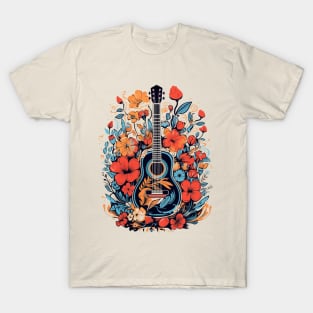 Acoustic Guitar Retro Red Roses Orange Poppies Nature Groovy T-Shirt